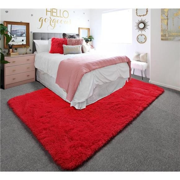 Red Rug for Bedroom,4'X6',Fluffy Shag Rug for Living Room,Furry Carpet for Kids - Picture 4 of 6